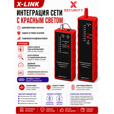 Профессиональный тестер-трассоискатель RJ45/RJ11 с красным лазером VFL и Type-C